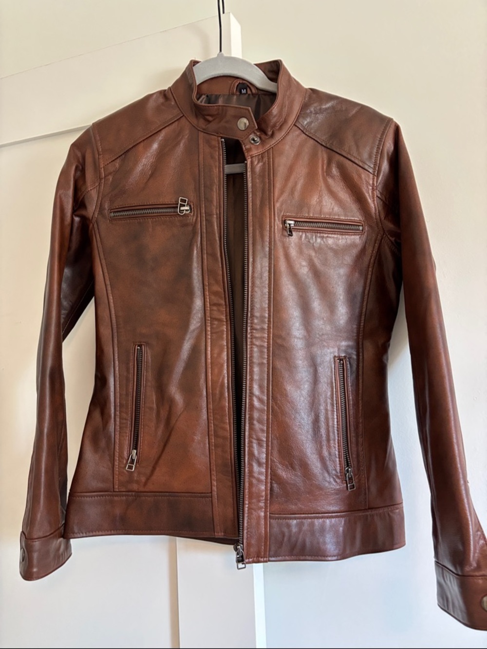 Classic Women's Brown Leather Biker style Jacket with Snap Collar